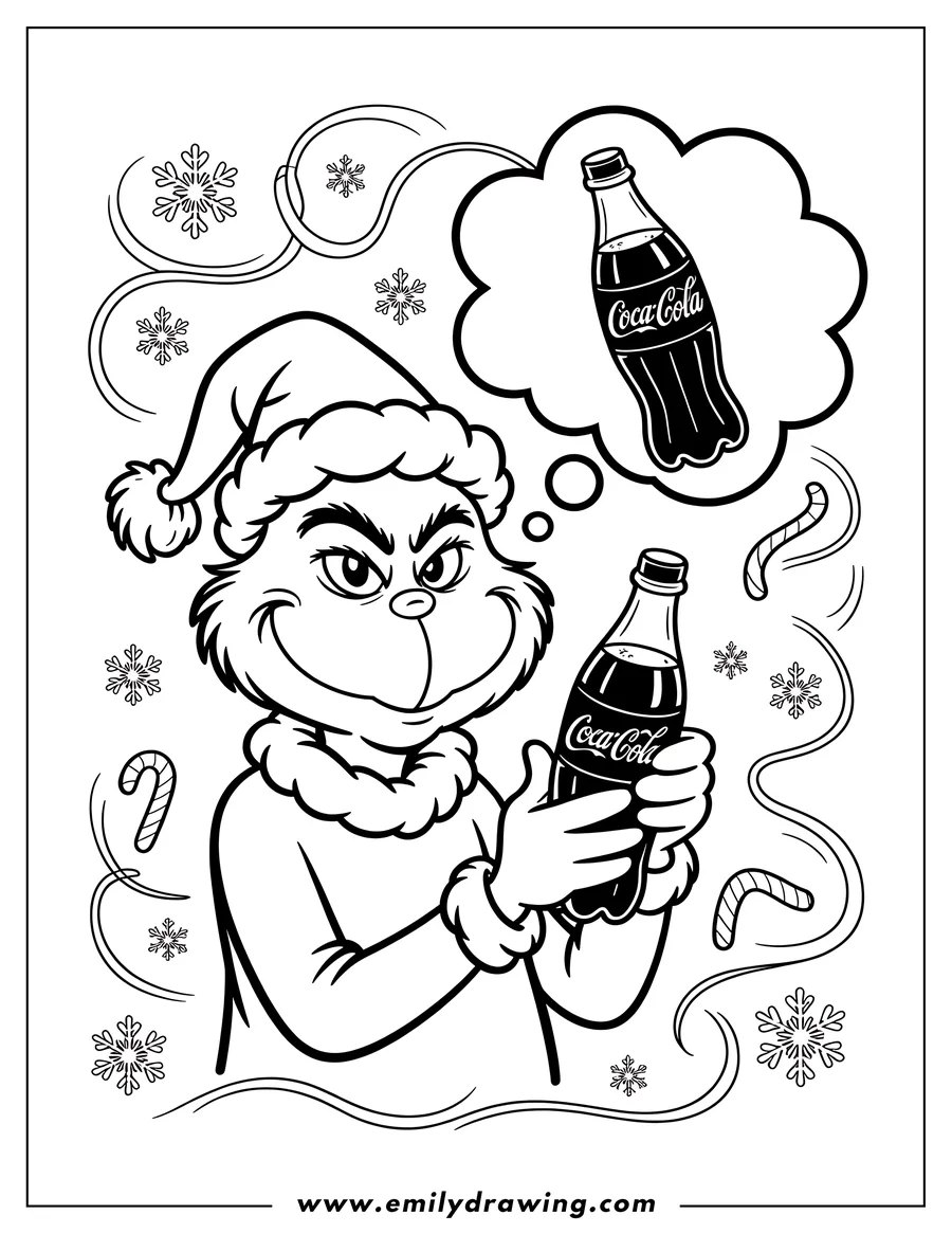 Line art of the Grinch holding a Coca-Cola bottle, wearing a Santa hat, with candy canes and snowflakes in the background.
