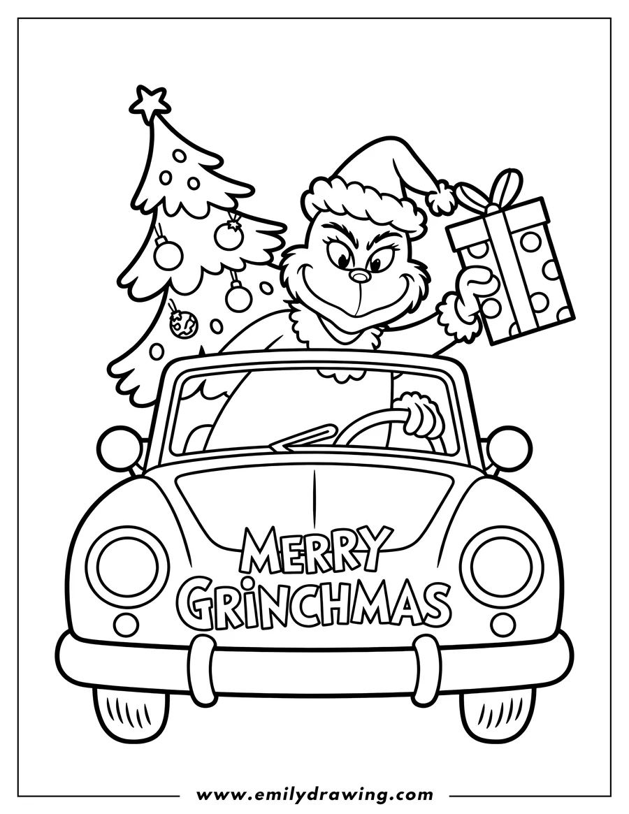 Line art of the Grinch wearing a Santa hat, driving a car with a Christmas tree and a present. The car has