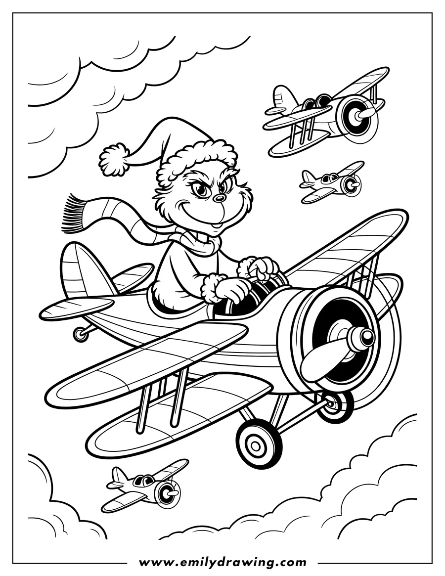 Line art of the Grinch piloting a biplane through the sky. He wears a Santa hat and scarf.