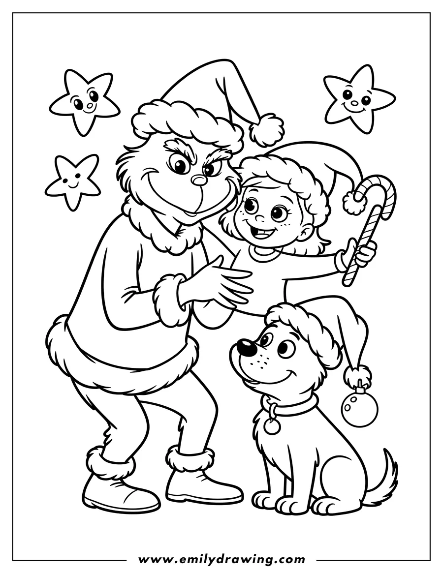 Line art of the Grinch, a young girl, and a dog, all wearing Santa hats, ready for Christmas. The girl holds a candy cane, and an ornament hangs near the dog.