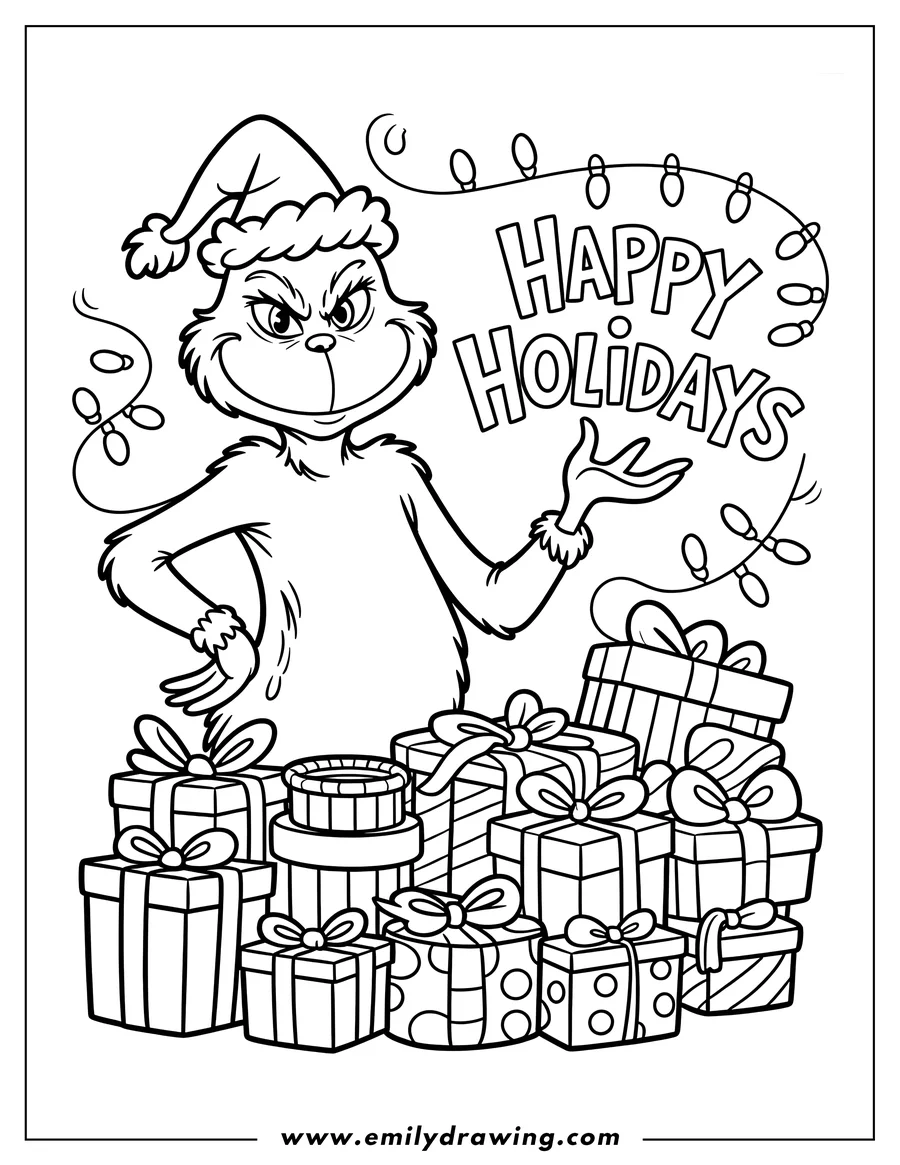 Line art of the Grinch wearing a Santa hat and surrounded by Christmas presents, with the words 'Happy Holidays' in the background