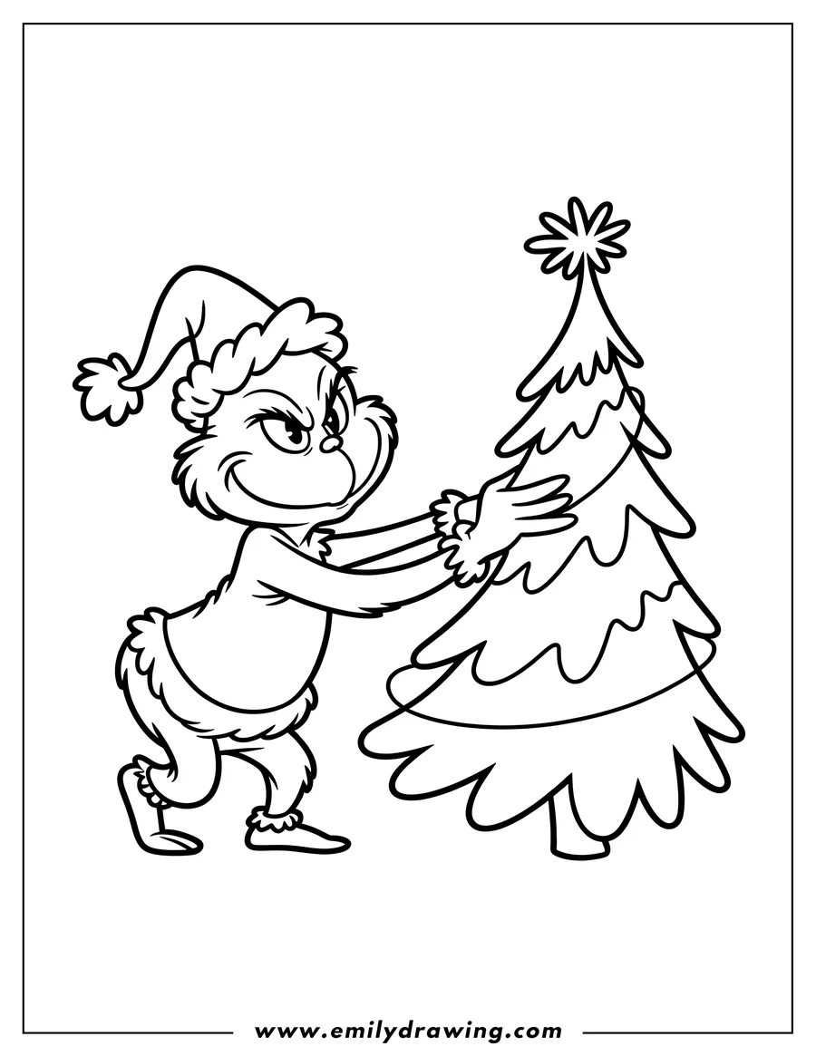 Line art of the Grinch wearing a Santa hat and holding a Christmas tree, with a mischievous expression.