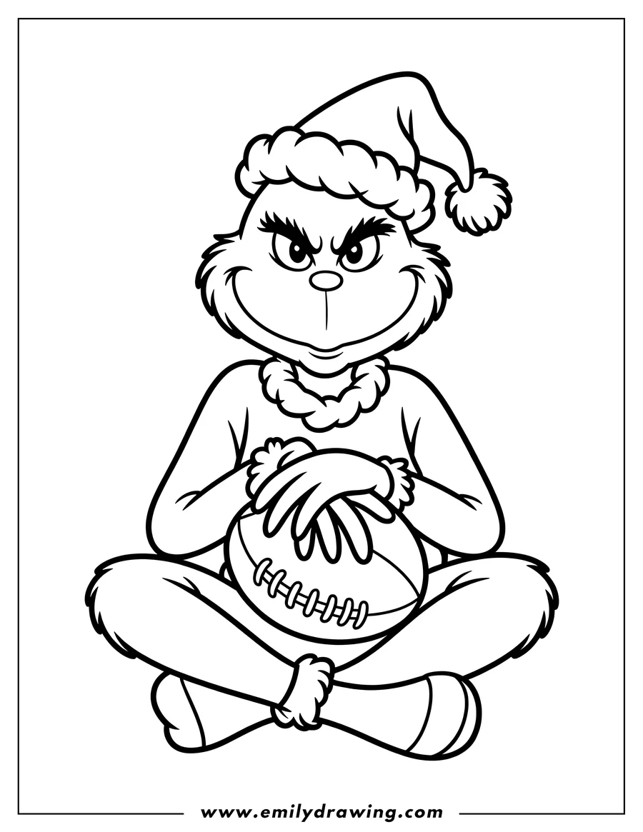 Line art of the Grinch wearing a Santa hat and holding a football.