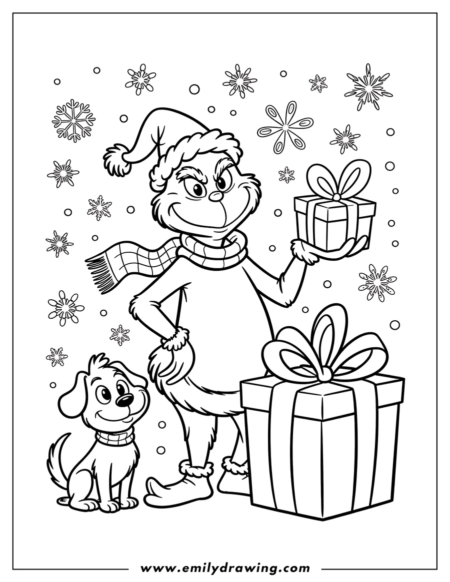 The Grinch wearing a Santa hat and scarf, holding a Christmas gift with Max the dog beside him.