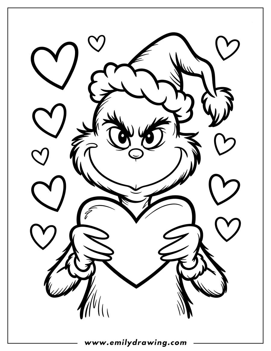 Line art of the Grinch wearing a Santa hat and holding a large heart, surrounded by smaller hearts.