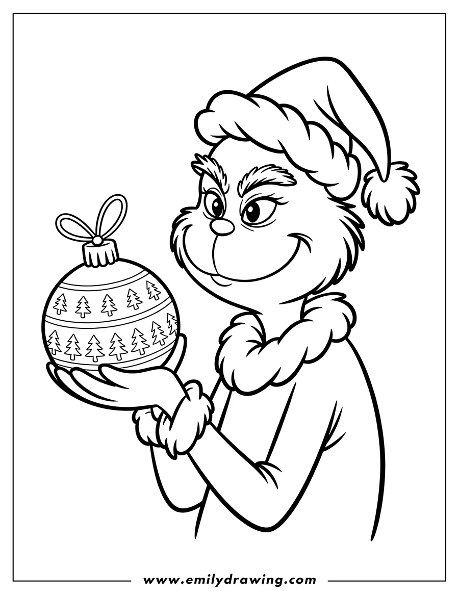 Line art of the Grinch wearing a Santa hat and holding a Christmas ornament decorated with Christmas trees.
