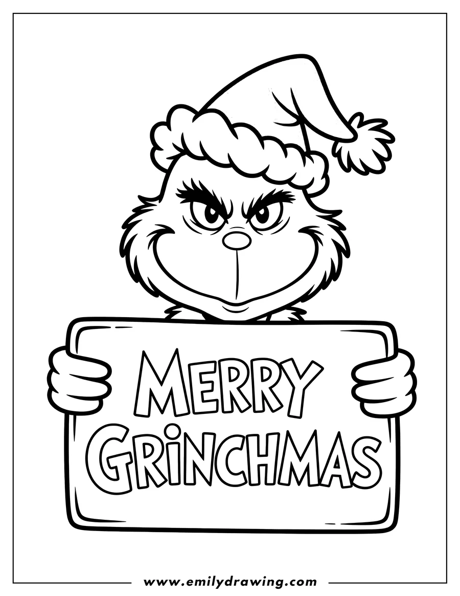 Line art of the Grinch wearing a Santa hat and holding a sign that says Merry Grinchmas.