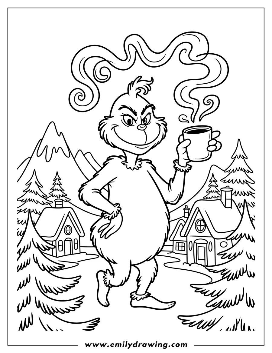 Line art of the Grinch holding a steaming mug of hot cocoa, standing near Whoville with snowy houses and pine trees.