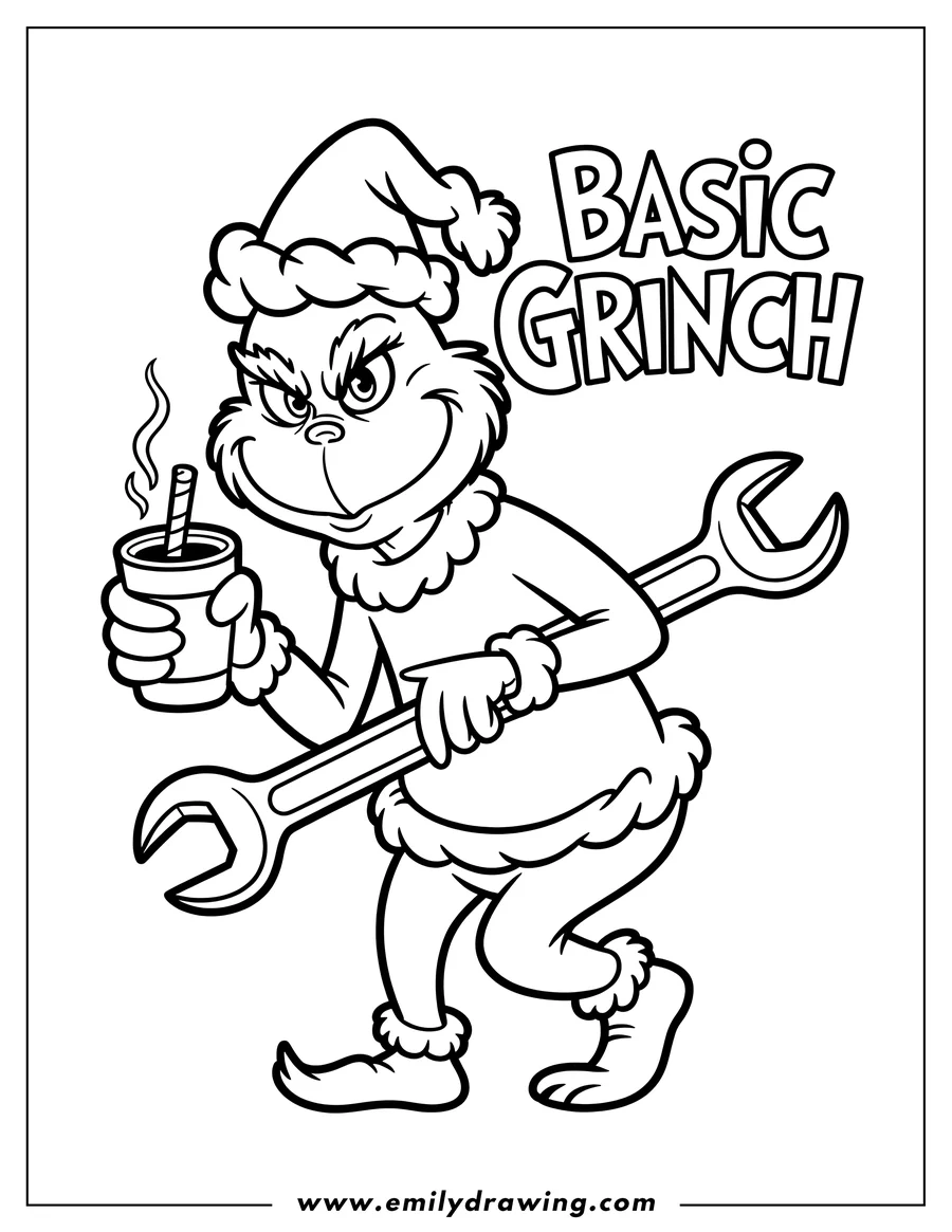 Line art of the Grinch wearing a Santa hat, holding a steaming cup of hot cocoa in one hand and a large wrench in the other.