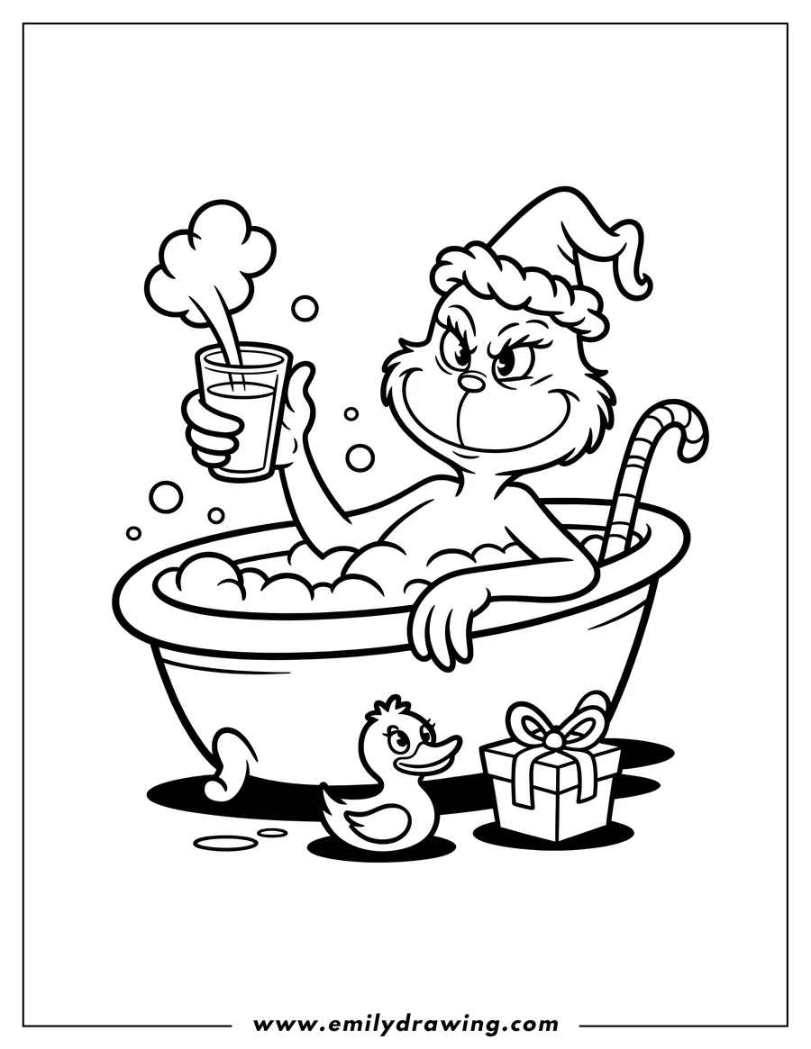 Line art of the Grinch relaxing in a bathtub with a Santa hat on, holding a drink. A rubber duck and present sit beside the tub.