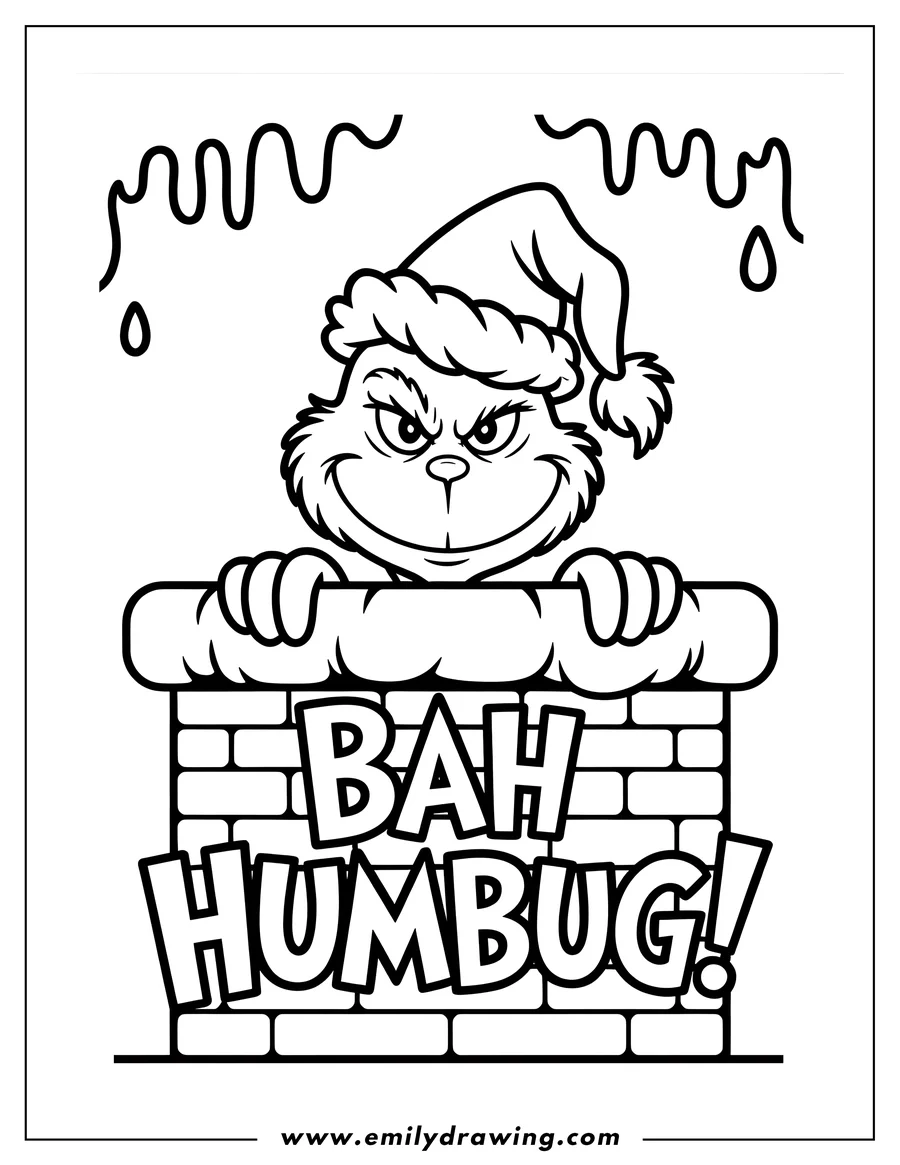 Line art of the Grinch wearing a Santa hat, peering over a chimney with