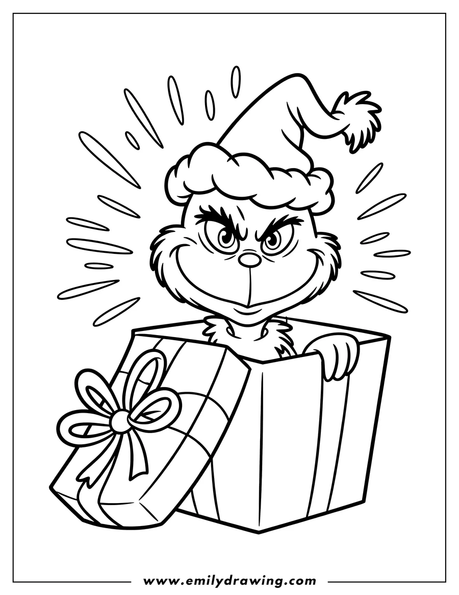 Line art of the Grinch wearing a Santa hat and peeking out of a gift box with a bow.