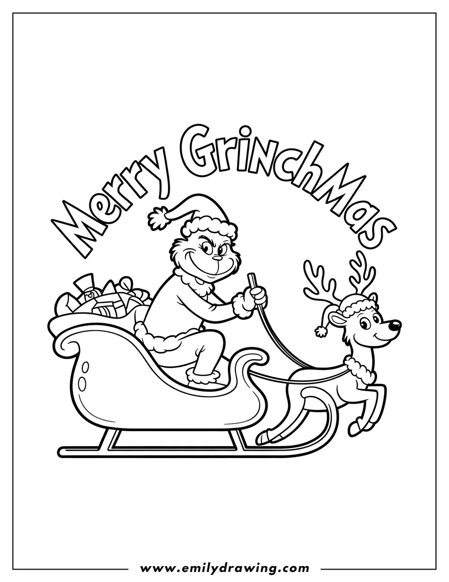 Outline of the Grinch riding in a sleigh pulled by a reindeer. The sleigh is piled with gifts.