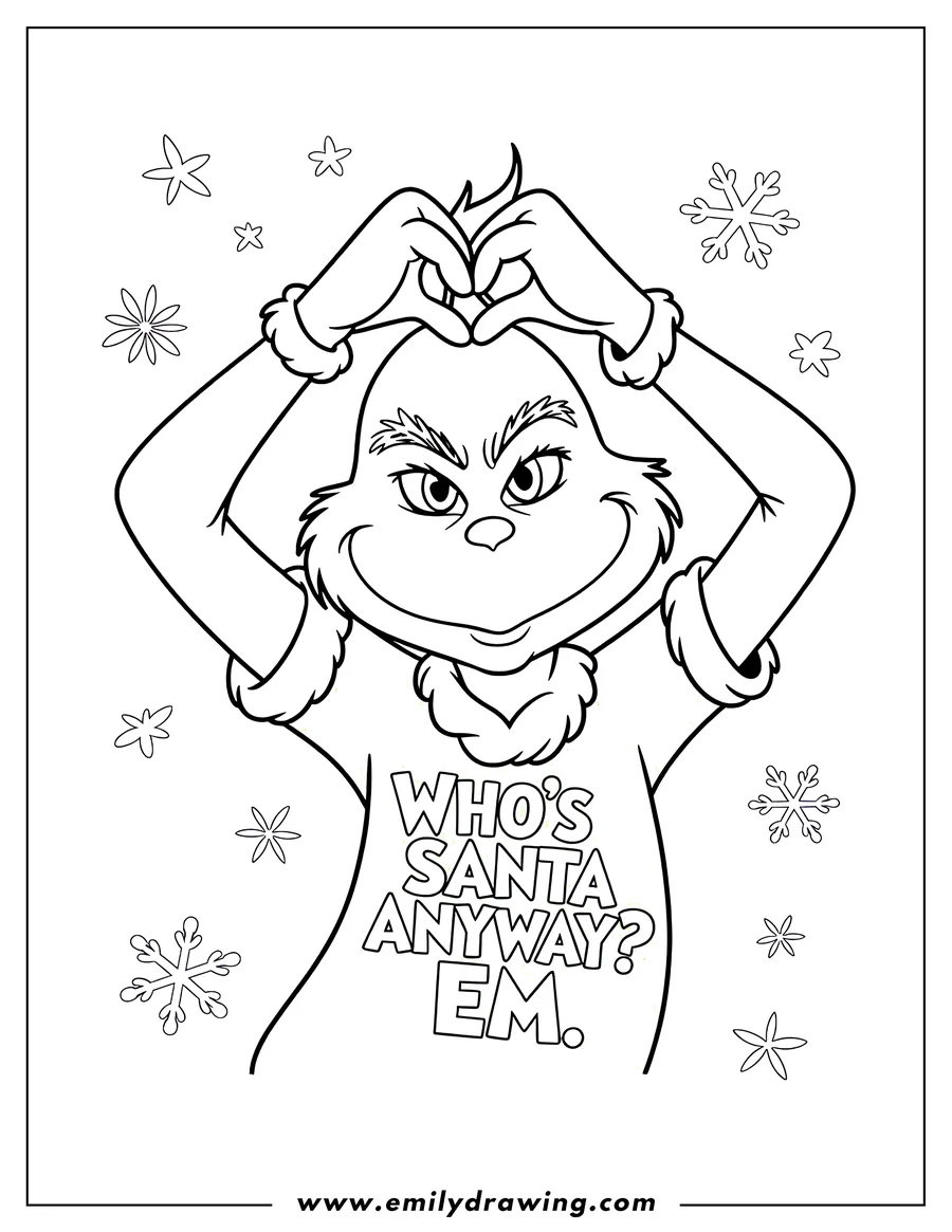 Line art of the Grinch making a heart shape with his hands. He's wearing a shirt that says 'Who's Santa Anyway?' Snowflakes and flower shapes decorate the background.