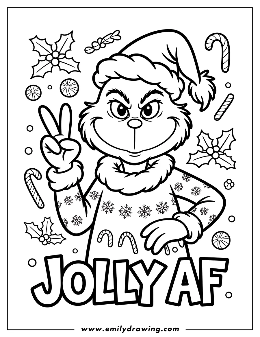 Line art of the Grinch wearing a Santa hat and a snowflake sweater, making a peace sign with his fingers. Holly leaves and candy canes decorate the background.