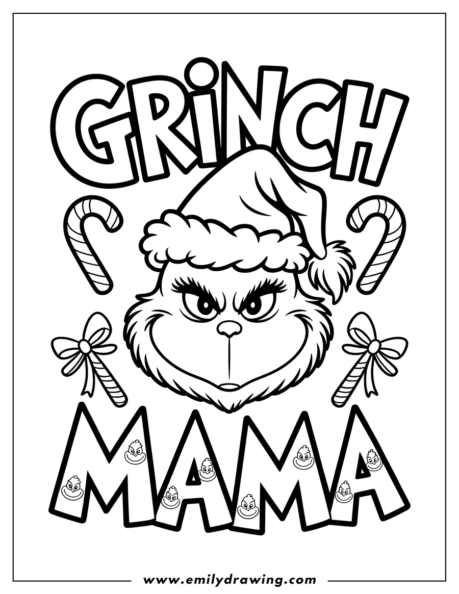 Line art of Mama Grinch wearing a Santa hat, surrounded by candy canes and the word