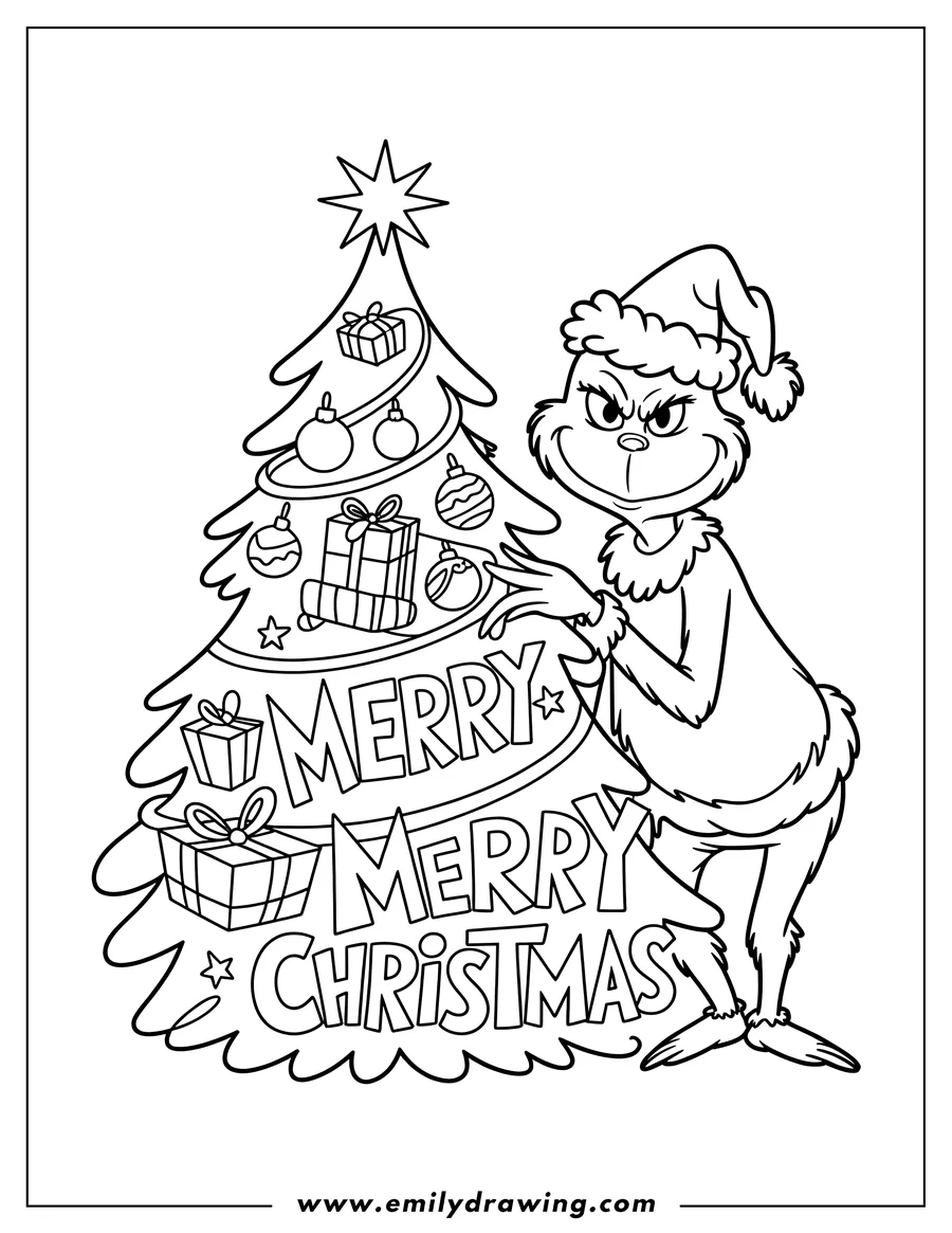 Line art of the Grinch wearing a Santa hat, standing next to a decorated Christmas tree with presents and ornaments. The words 'Merry Merry Christmas' are prominently displayed.
