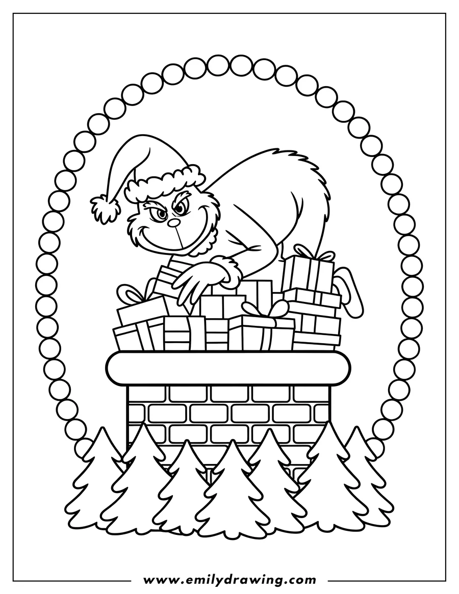 Line art of the Grinch wearing a Santa hat, perched on a chimney with a pile of presents, surrounded by Christmas trees.