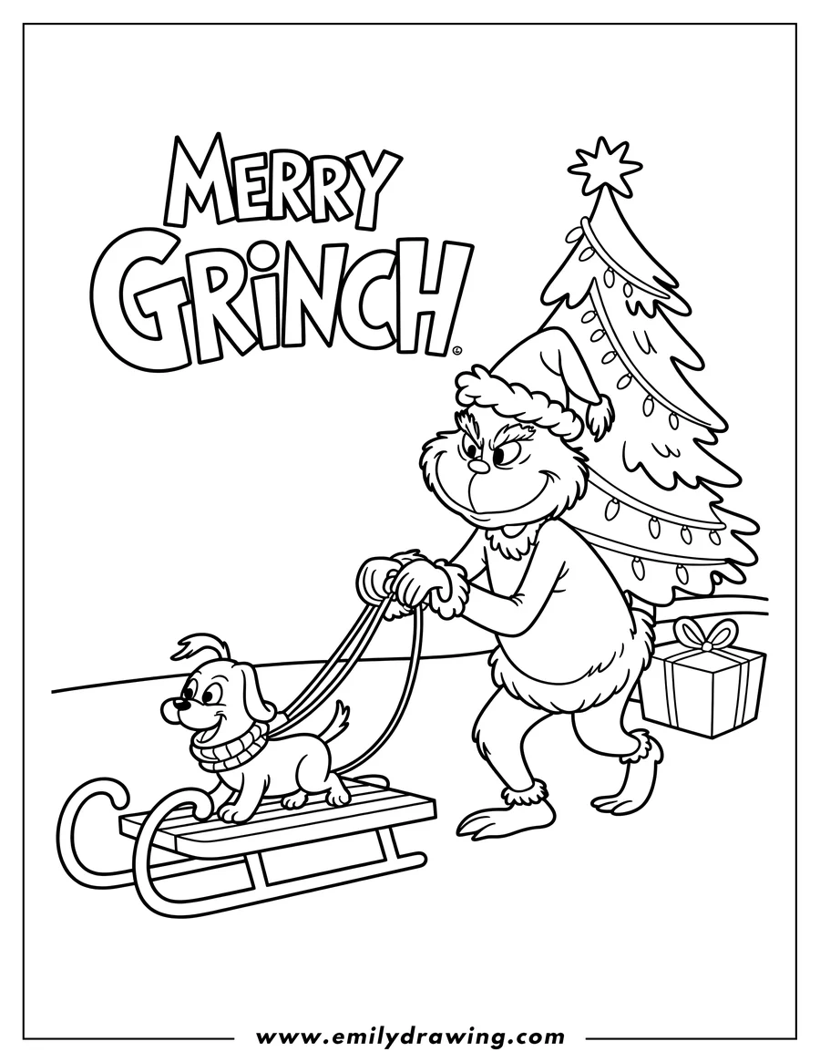 Line art of the Grinch pulling Max the dog on a sled. The Grinch is wearing a Santa hat and has a Christmas tree on his back. He is also carrying a present.  Max is wearing a scarf.