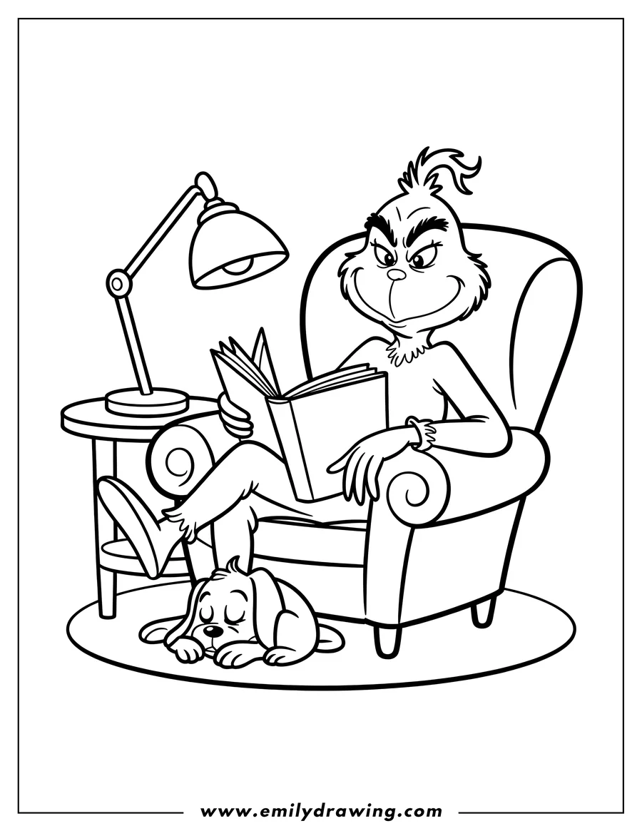 Line art of the Grinch sitting in an armchair, reading a book with his dog Max asleep at his feet.