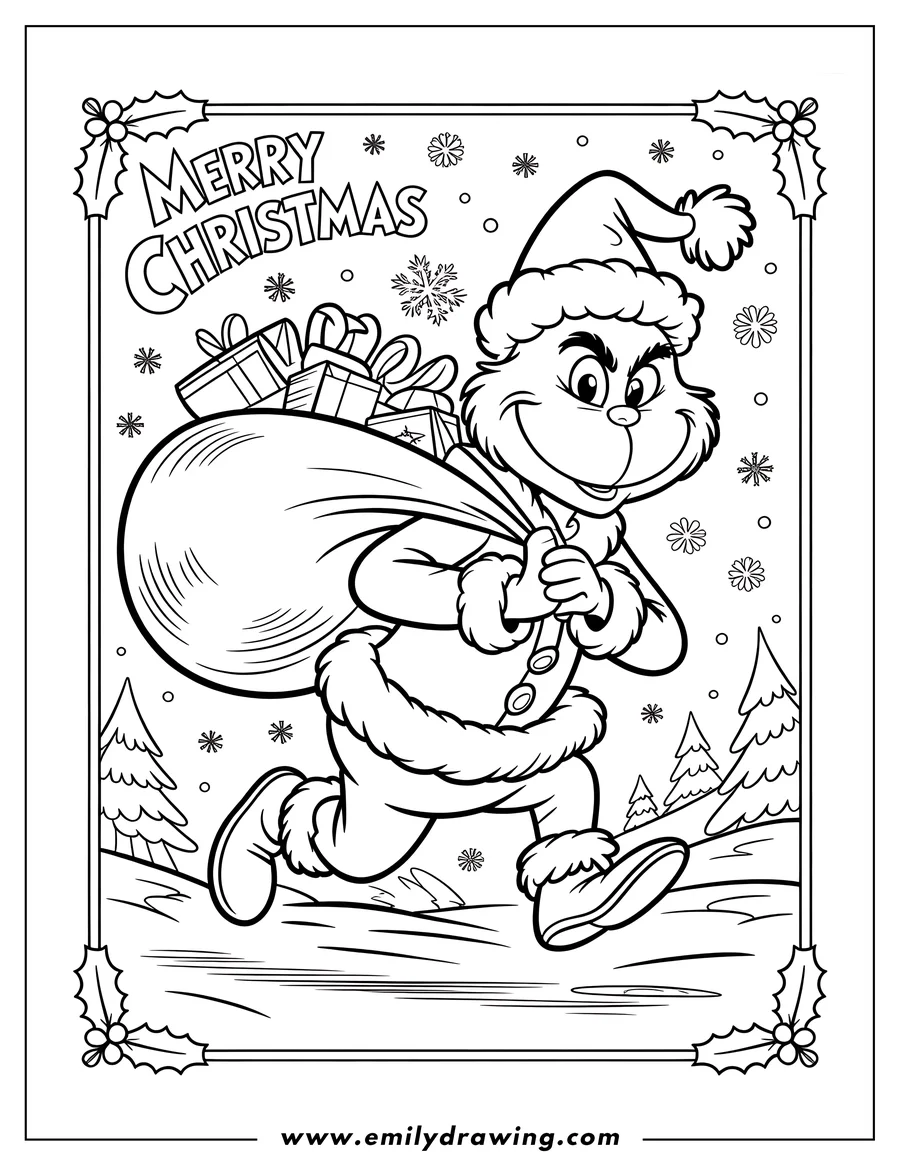 Line art of the Grinch in a Santa suit running with a large bag of presents in a snowy landscape.  A