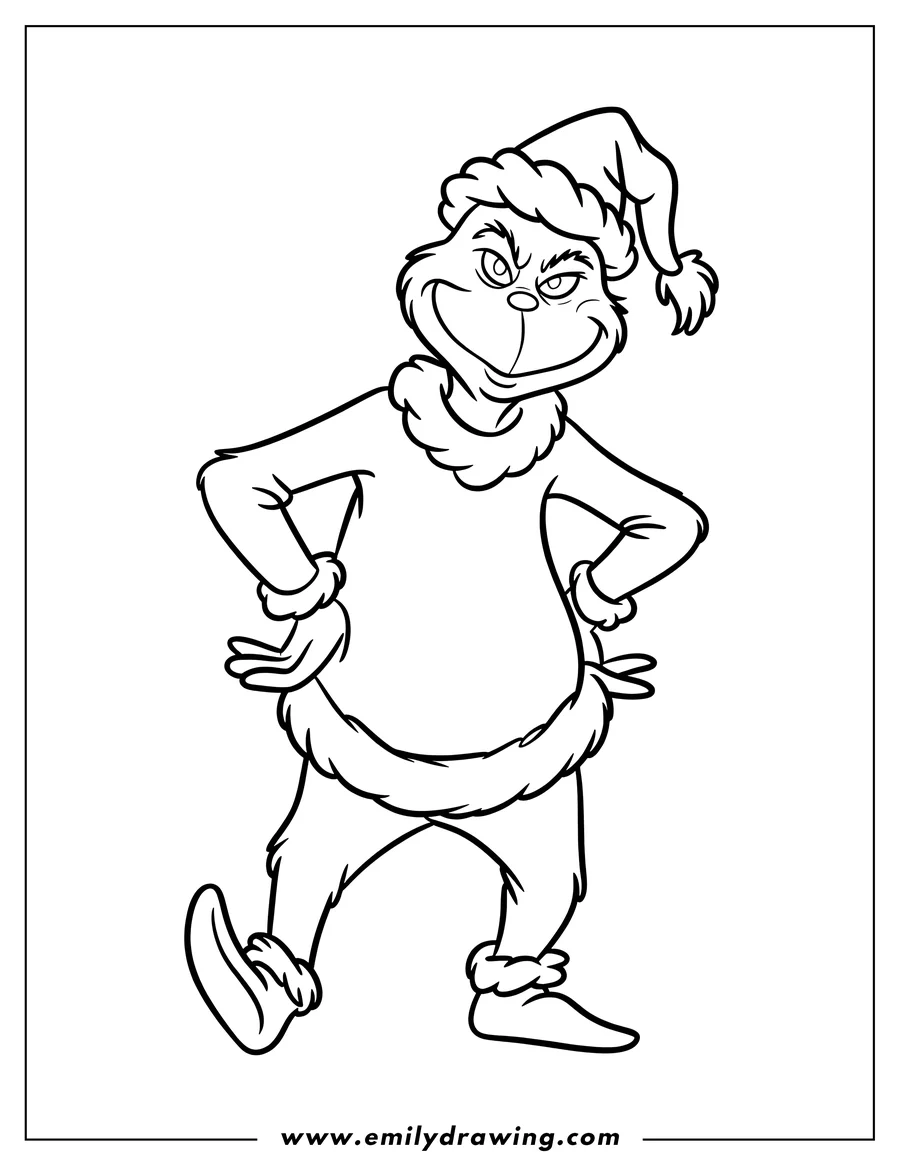 Line art of the Grinch wearing a Santa Claus outfit, hands on his hips and a mischievous expression.