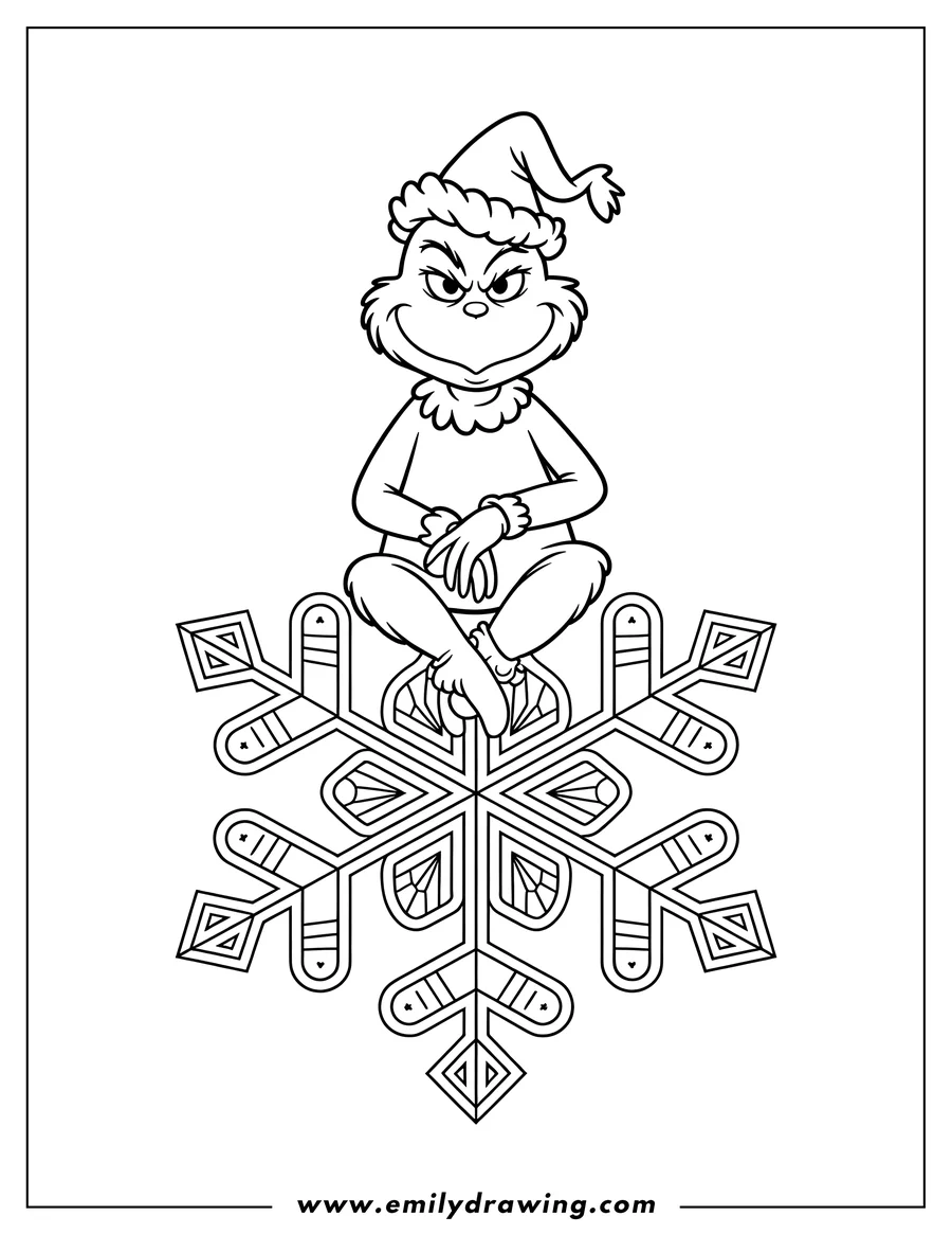 Line art of the Grinch sitting cross-legged on a large snowflake, wearing a Santa hat.