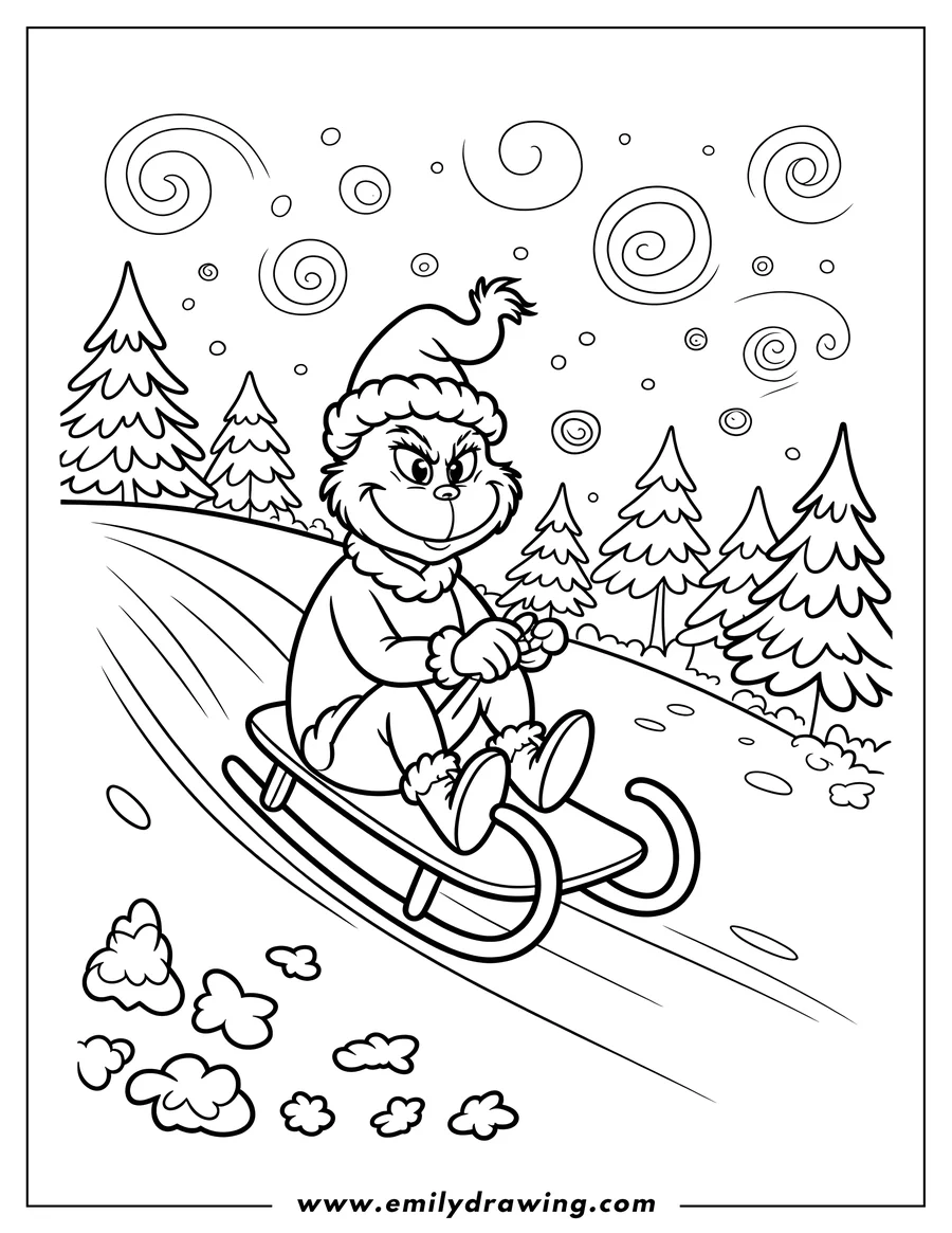 Line art of the Grinch sledding down a hill, wearing a Santa hat and a mischievous grin.