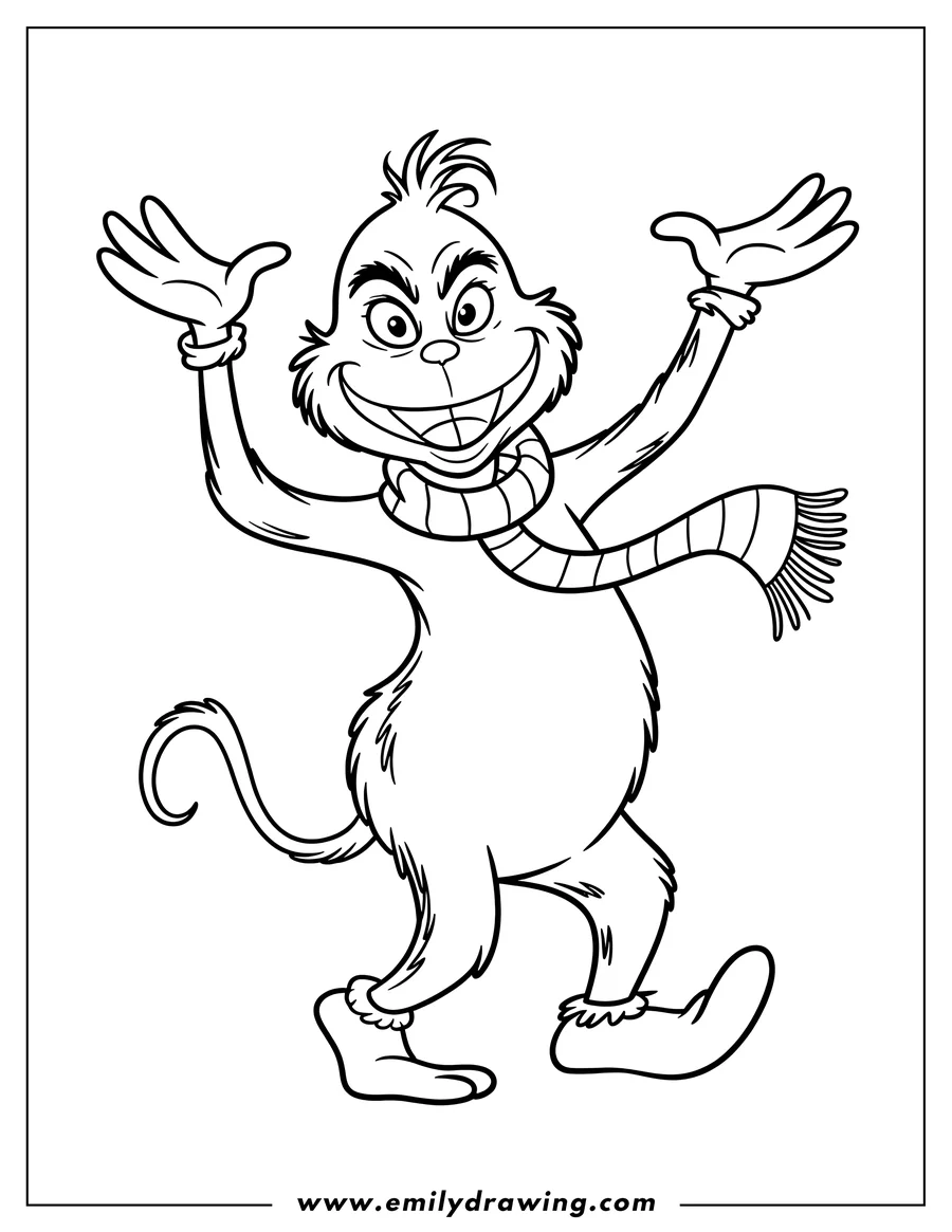 Line art of the Grinch wearing a striped scarf, grinning mischievously with his arms outstretched.
