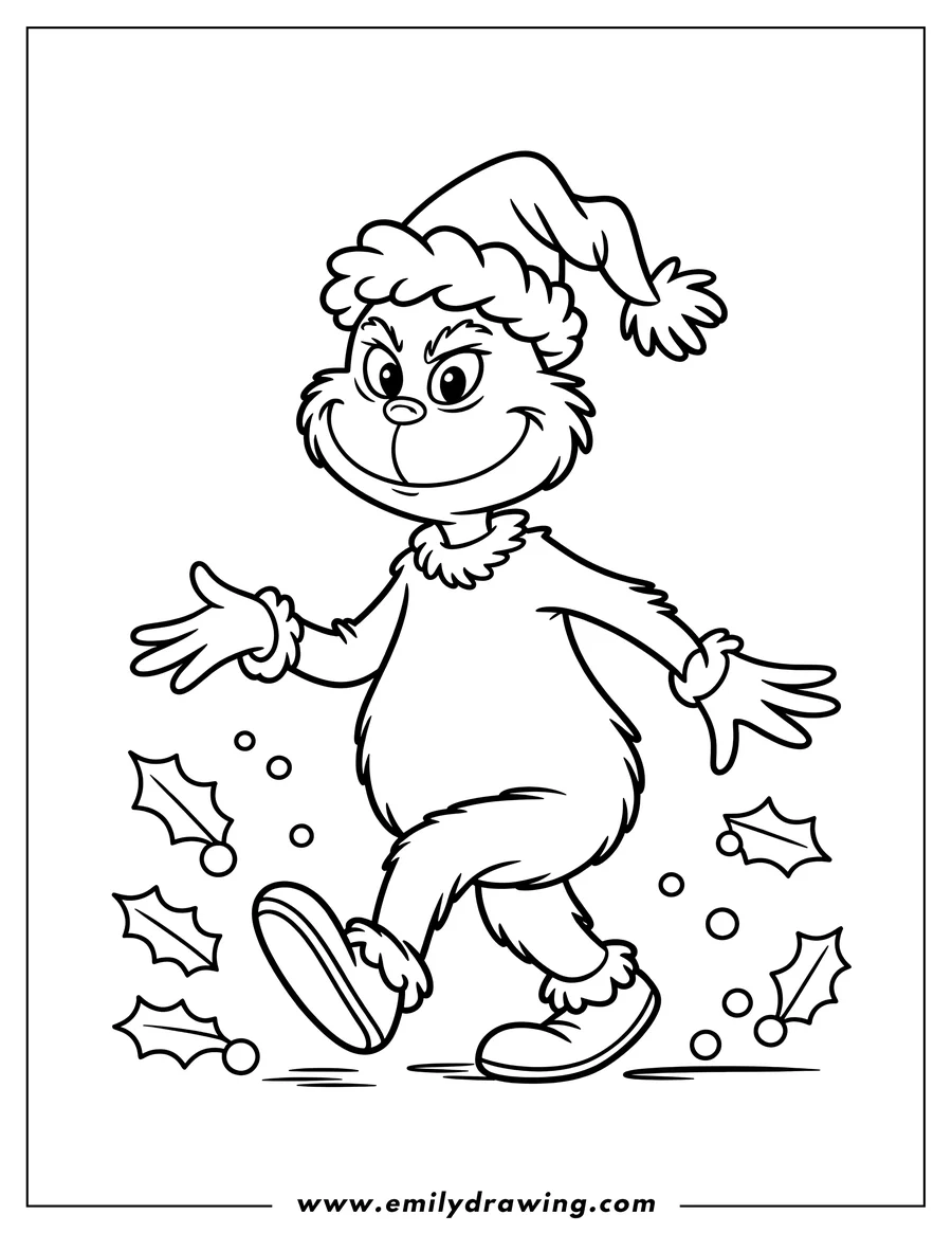 Line art of the Grinch from Dr. Seuss's 'How the Grinch Stole Christmas' walking with scattered holly berries around him.