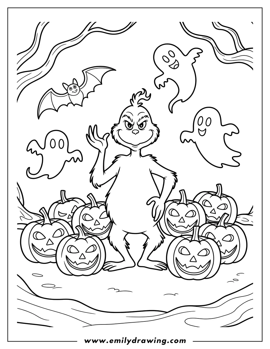 Line art of the Grinch standing with carved pumpkins, a bat, and friendly ghosts.  Perfect for Halloween coloring!