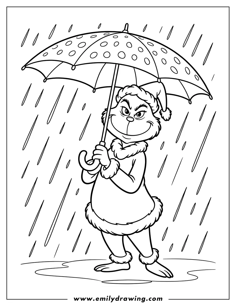 Outline of the Grinch holding a polka dot umbrella in the rain.  He's wearing a Santa outfit.