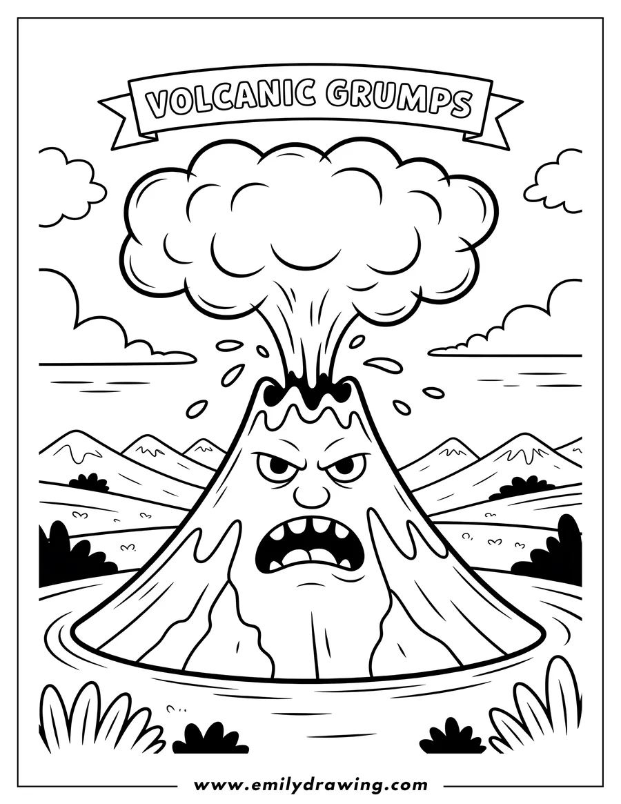 Line art of a grumpy volcano erupting, with smoke and debris billowing from its top.