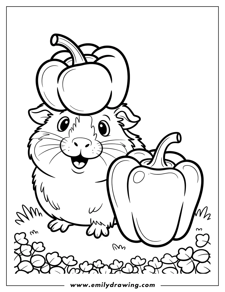 Line art of a guinea pig wearing a pumpkin on its head sitting next to a bell pepper.  The guinea pig is on a patch of clovers.