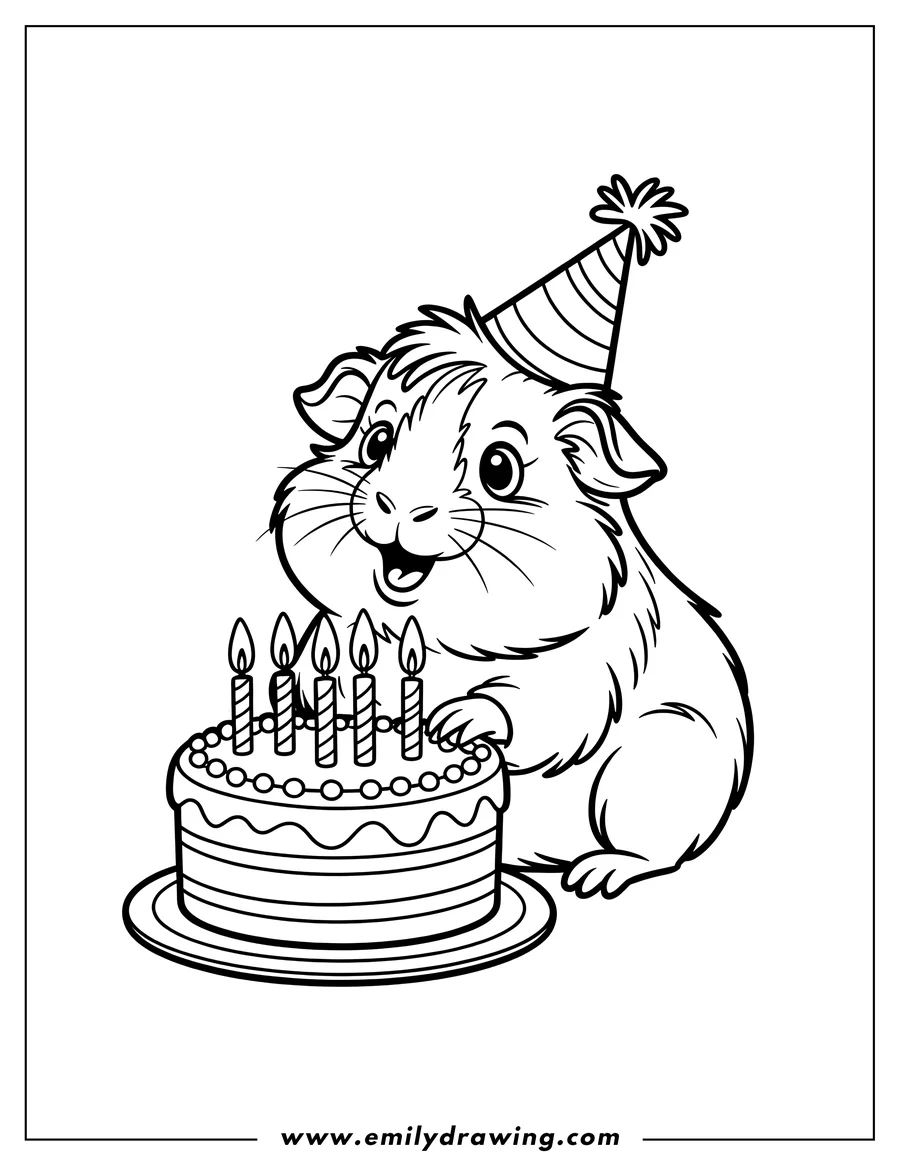 Outline of a guinea pig wearing a party hat and sitting next to a birthday cake with candles.