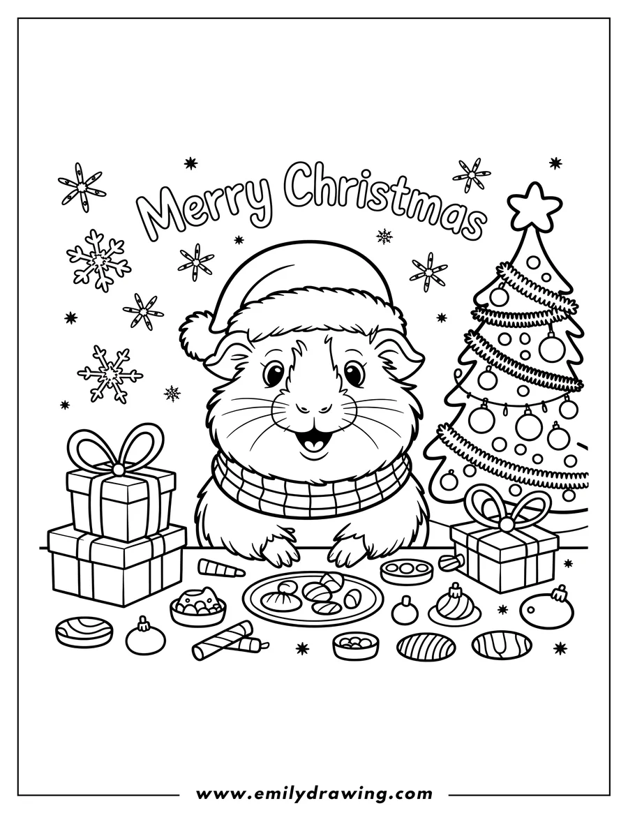 Outline of a guinea pig wearing a Santa hat and scarf, sitting at a table with Christmas treats, presents, and a decorated tree.