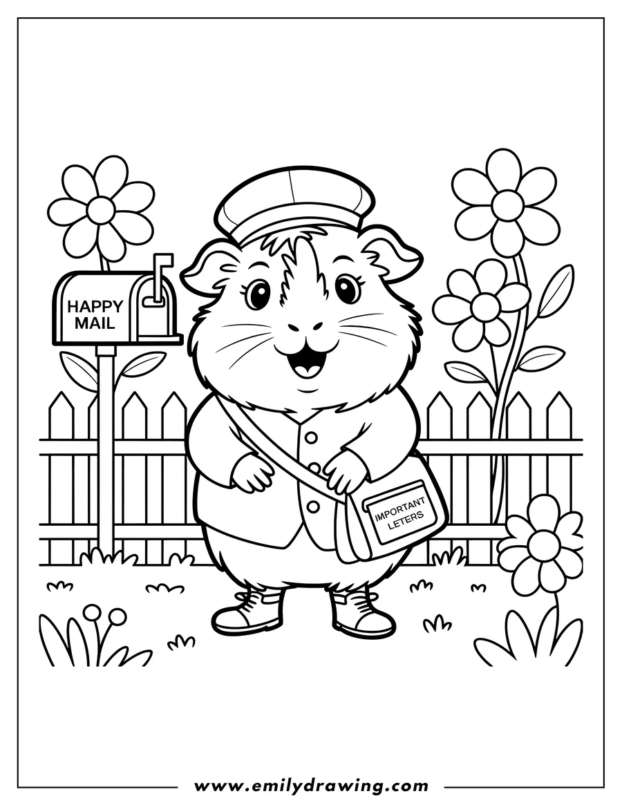 Line art of a guinea pig delivering mail, wearing a uniform and carrying a bag labeled 'Important Letters', near a mailbox and a picket fence.