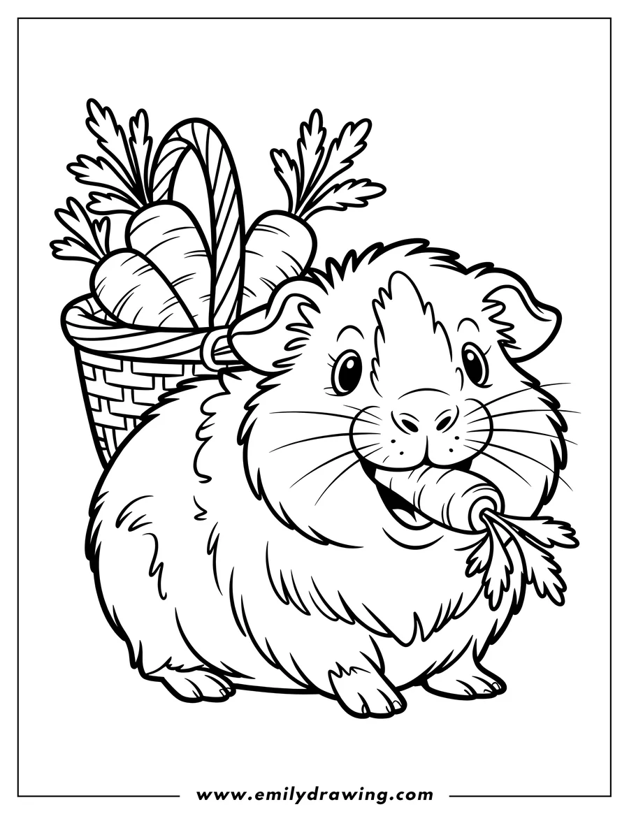 Line art of a guinea pig eating a carrot. A basket of carrots is behind the guinea pig.
