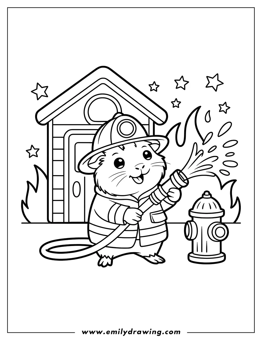 Line art of a guinea pig dressed as a firefighter, using a fire hydrant to put out a fire near a fire station.