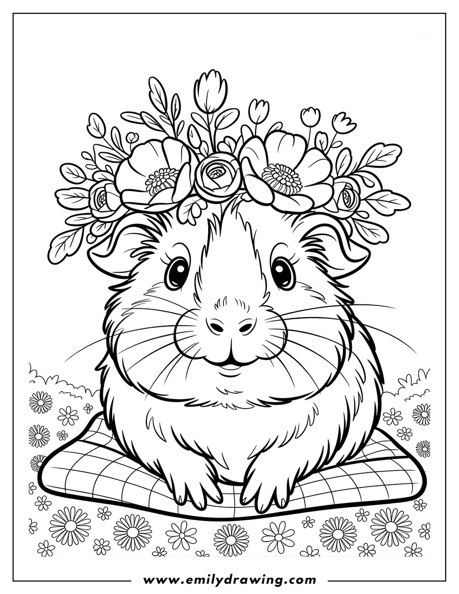 Outline of a guinea pig wearing a crown of flowers and sitting on a patterned mat, surrounded by small flowers.