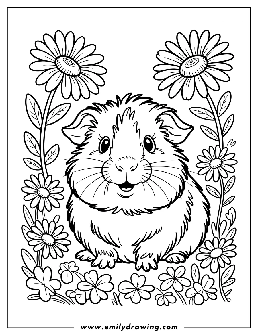 Outline of a guinea pig surrounded by daisies and other flowers.