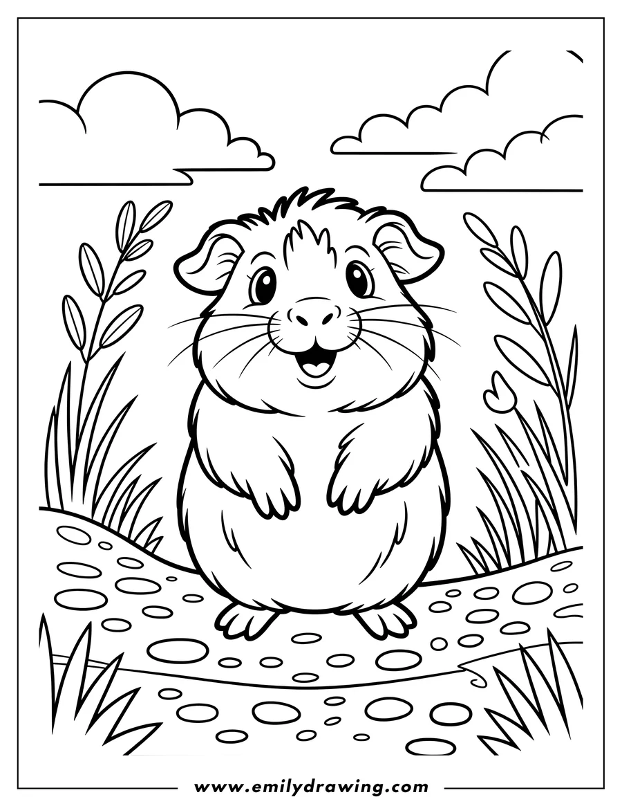 Outline of a guinea pig standing in a garden setting, surrounded by grass, plants, and fluffy clouds overhead.