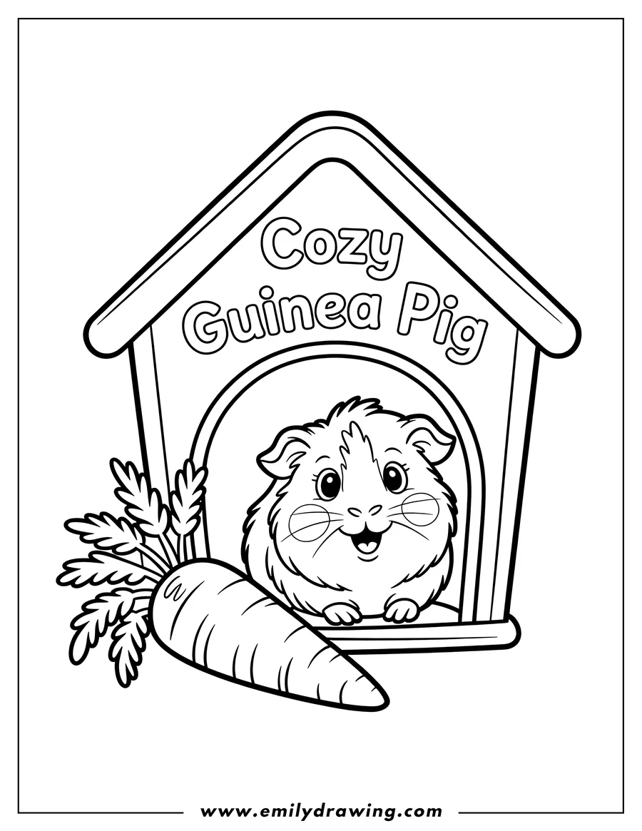 Outline of a guinea pig sitting in its house with a carrot beside it.