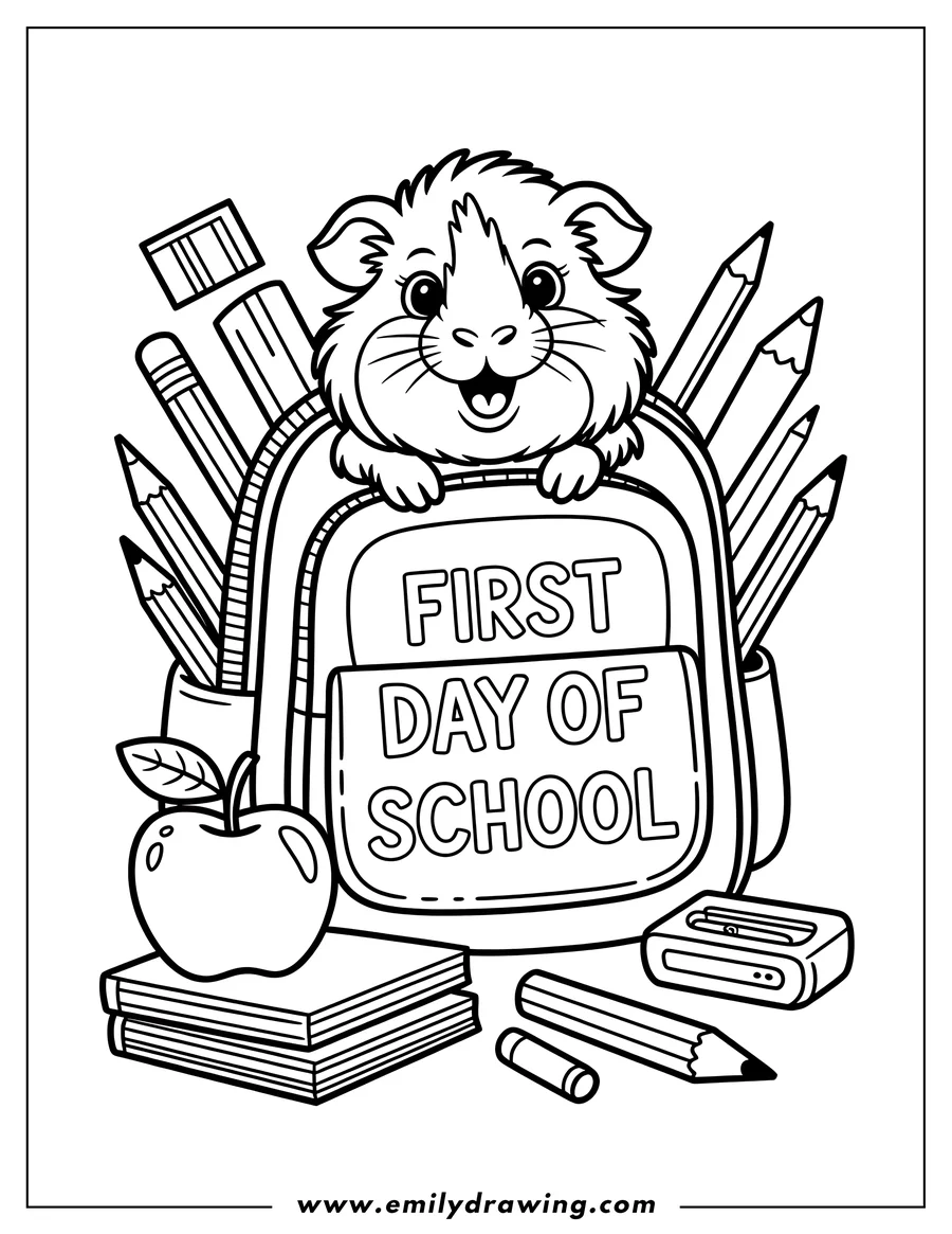 Outline of a guinea pig peeking out of a backpack filled with school supplies like pencils, an apple, and books. The backpack has 'First Day of School' written on it.