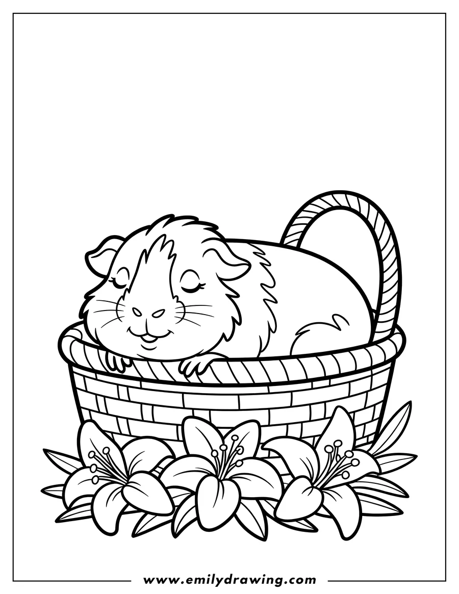 Outline of a guinea pig sleeping in a basket with lilies underneath.