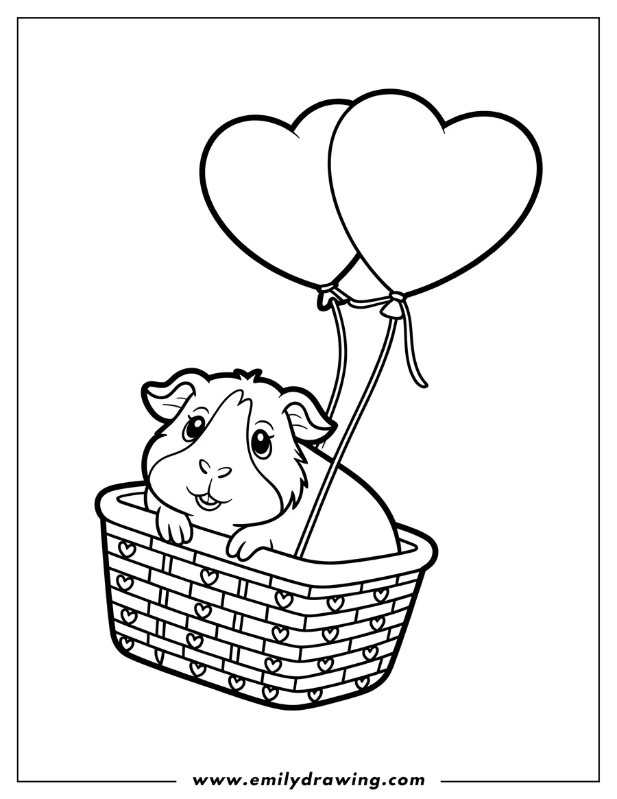 Outline of a guinea pig sitting in a basket lifted by two heart-shaped balloons.