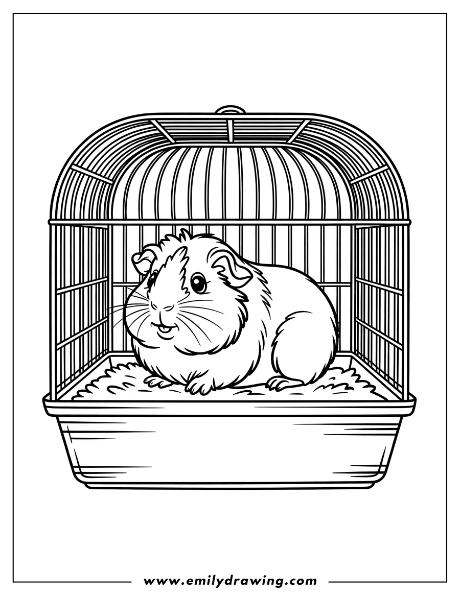 Outline of a guinea pig sitting in a cage with bedding.
