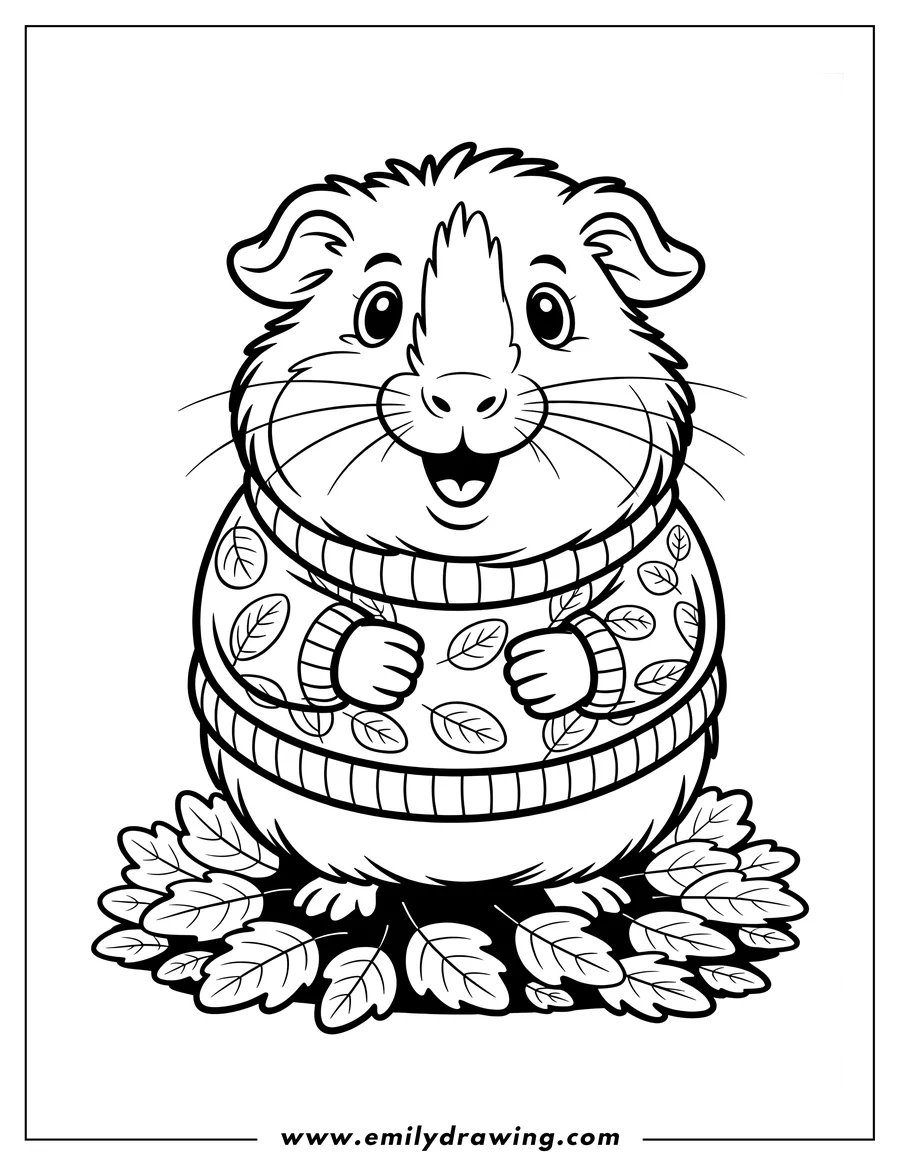 Outline of a guinea pig wearing a sweater decorated with leaves, standing on a bed of autumn leaves.