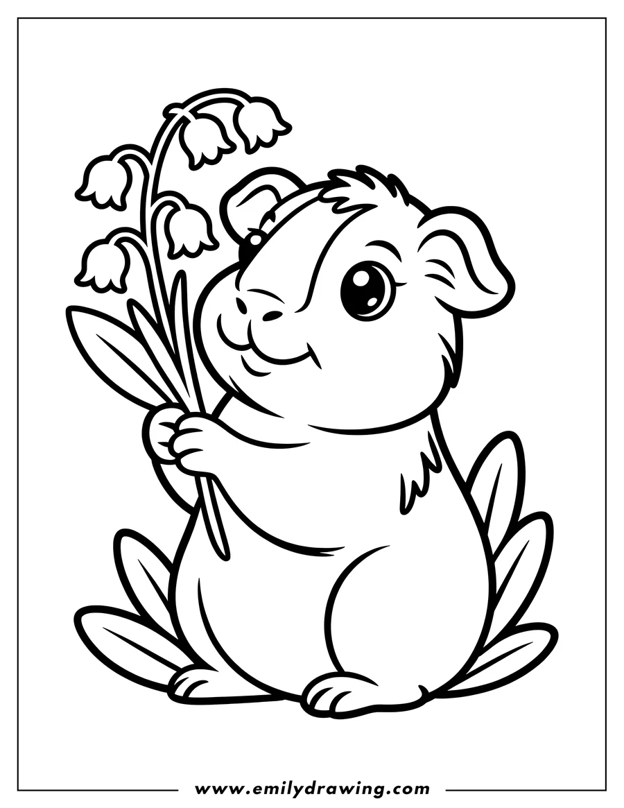 Outline of a guinea pig holding a bouquet of lily of the valley flowers.