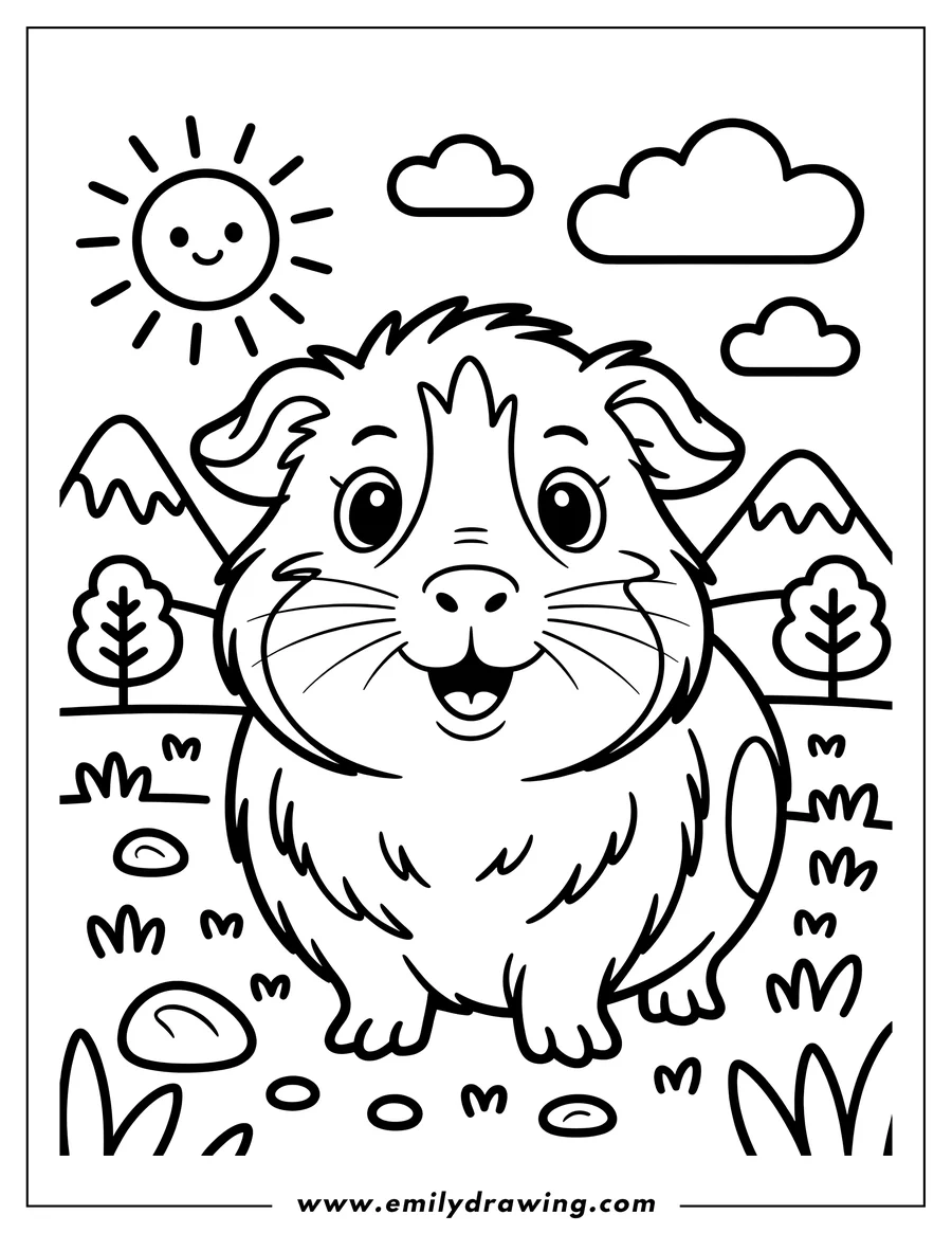 Outline of a guinea pig standing in a meadow with mountains, trees, and a smiling sun in the background.